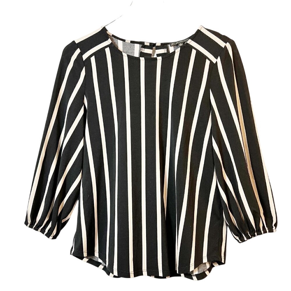 Adrianna Papell Striped Balloon Sleeve Black & Cream Blouse Size Small